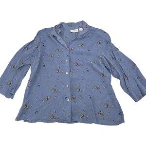 Liz Claiborne Womens Floral Button-Up Blouse XL Blue With 3/4 Sleeves Lightweigh